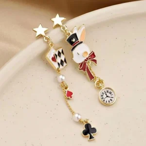 Boucles d'oreilles lapin blanc et cartes à jouer